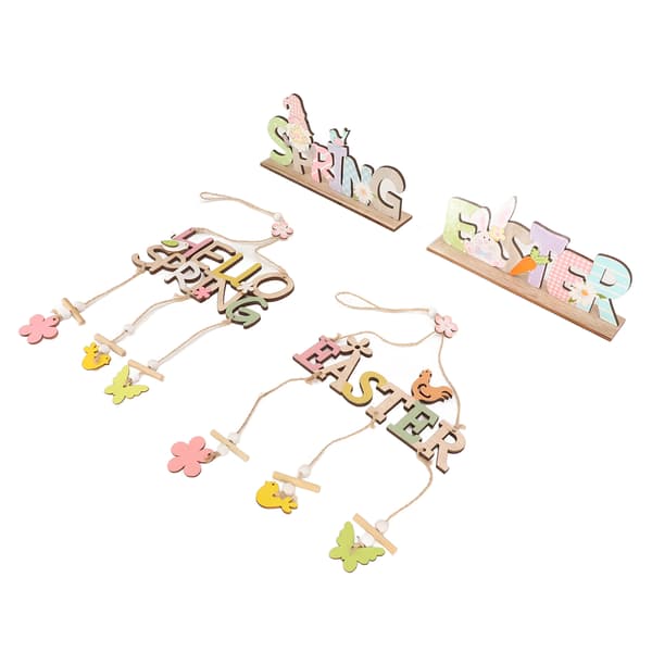 4 Pcs Easter Wooden Hanging Decorations Rustic Style for Easter Spring Holiday Home Cafe Bakery Farmhouse Window