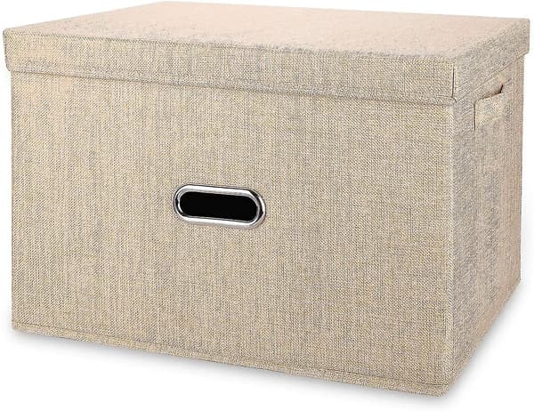 Foldable Linen Storage Baskets with Removable Lids and Handles, Washable Storage Bins Cube with Lid (Khaki, Large)