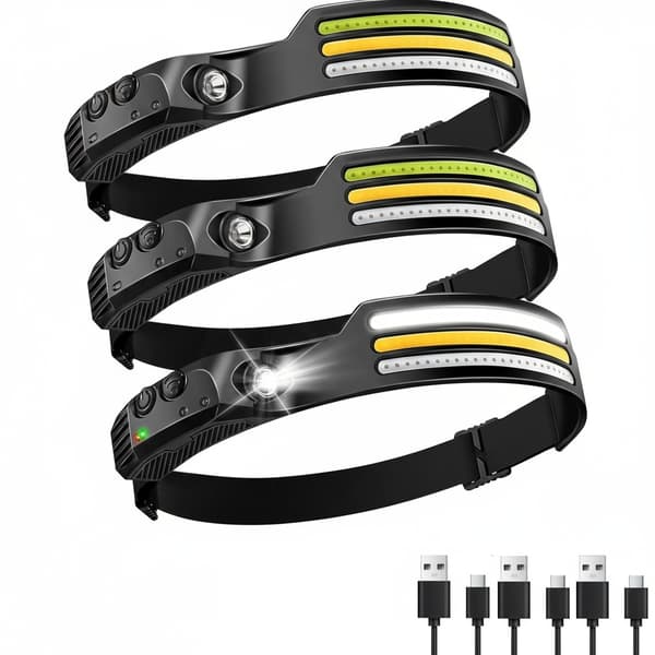Hodelykt 3-PAKNING Oppladbar, 1000 Lumen 230° Bred Stråle Supersterk Hodelykt
