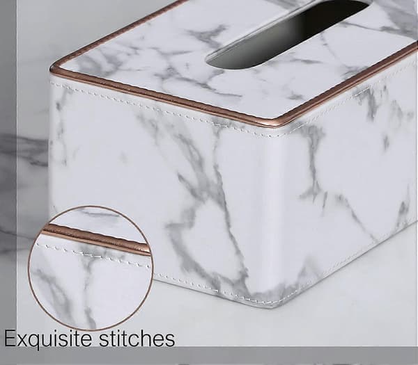 Rectangular PU Leather Tissue Box Facial Tissue Dispenser Box Holder for Vanity Bathroom Decor (White Marble Pattern)