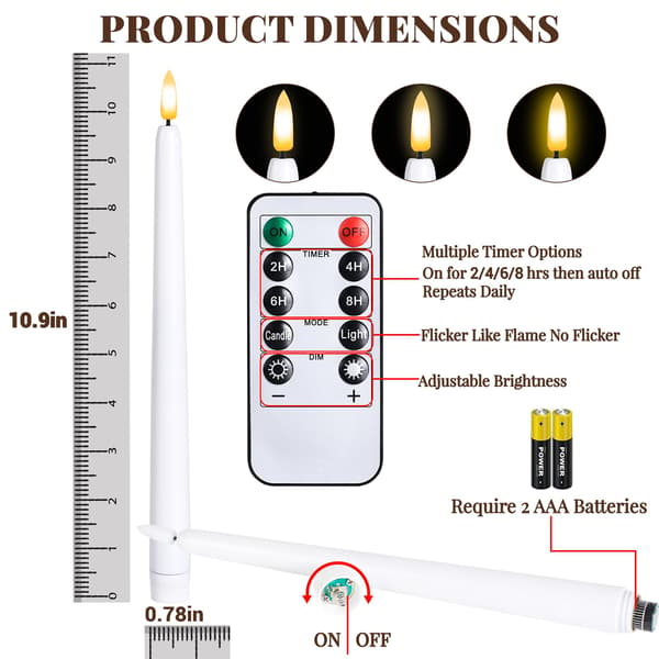 Batteridrevne koniske lys 6-pakning Flammefritt lys Fjernekontroll Timerfunksjon 27,94 x 1,98 cm Hvit