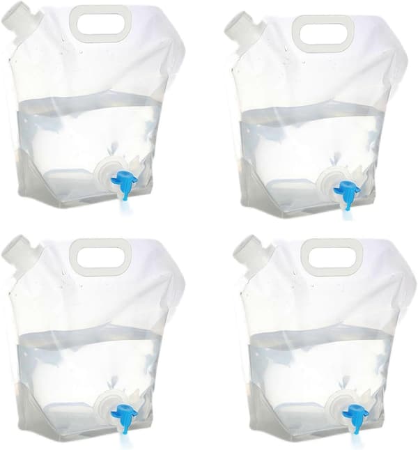 Set med 4 hopfällbara 5-liters vattenflaskor med kranar, bärbara vattenpåsar för utomhussport och vandring