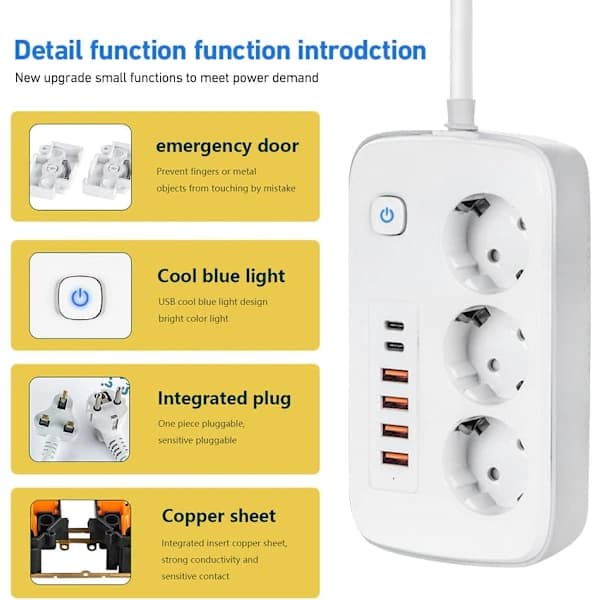 Power Strip with USB, 3-Way Socket with 5 USB Ports and 1 USB-C for Desk with Switch, 2 Meter Extension Cable, A