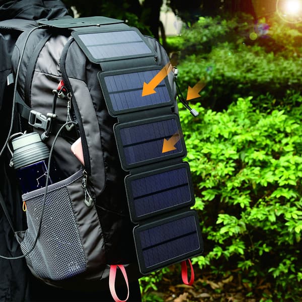 Udendørs foldbart USB solpanel powerbank smartphone strømforsyningsoplader sort