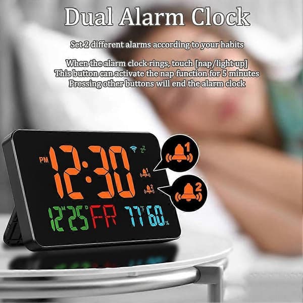 Digital Clock Alarm Clock WiFi Clock, Extra Large Letters, Temperature & Humidity, Calendar, Week, B