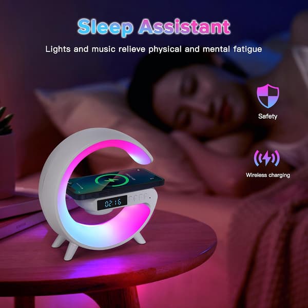 Mini Wireless Speaker with Atmosphere Lighting, Wireless Charging, Alarm Clock and Bedside Lamp - Black