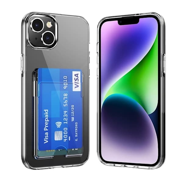 iPhone 15 Plus -hybridikuori korttipaikalla, läpinäkyvä