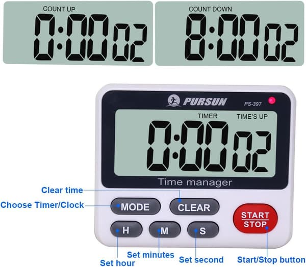Køkkentimer, Køkkentimer med Ur, Digital Timer, Stopur, Timer med Magnetisk Bagside og Sammenklappeligt Stativ (Batterier Inkluderet)