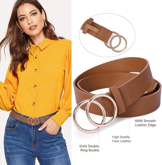 2-pack Women's Leather Belts Faux Leather Jeans Belt with Double O