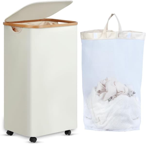 Laundry Basket on Wheels 100L - Slim Laundry Hamper with Lid, Bamboo Handle & Removable Bag Beige