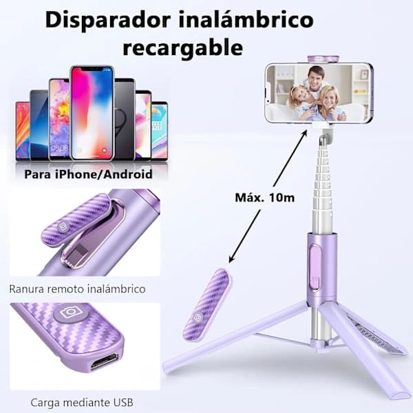 153 cm Mobile Phone Selfie Stick Tripod, Upgraded 360° Rotating Foldable Mobile Tripod, Purple[CO]