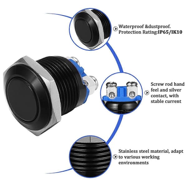 WINOMO Momentan Trykknap Metalskal Egnet til 16 mm Monteringshul (Sort)