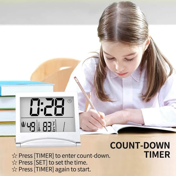Digital Travel Alarm Clock - Foldable Calendar Temperature LCD Clock with Snooze Mode - Large Digit Display, Battery Operated (Silver, No Backlight)