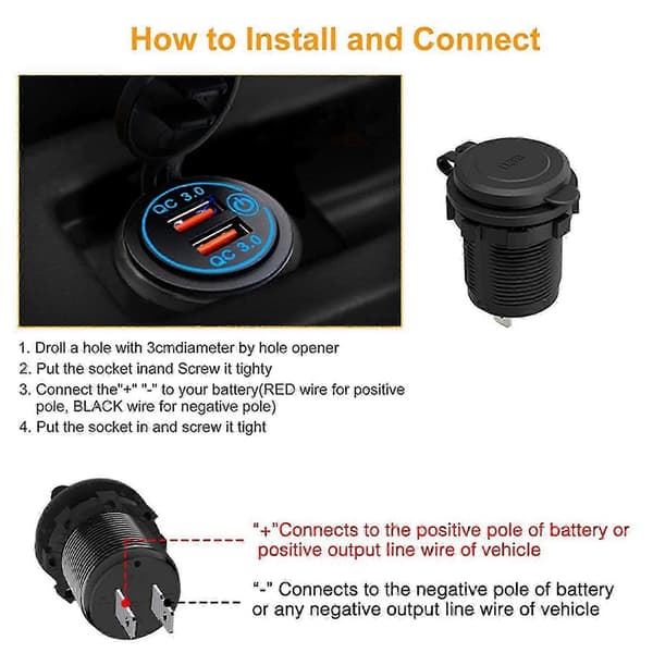 Dual USB Car Charger Socket Compatible 12V-24V Motorcycle Boat Red Light