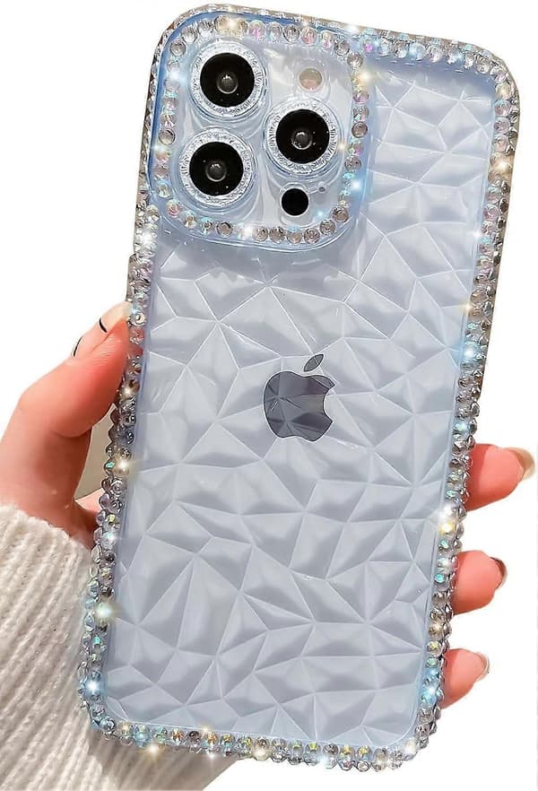 iPhone 13 Pro Deksel, Krystallklart Bling Diamant Rhinestone Deksel for Jenter Kvinner, Glanset Glitrende Myk Silikon Linse Full Beskyttelse (Blå)