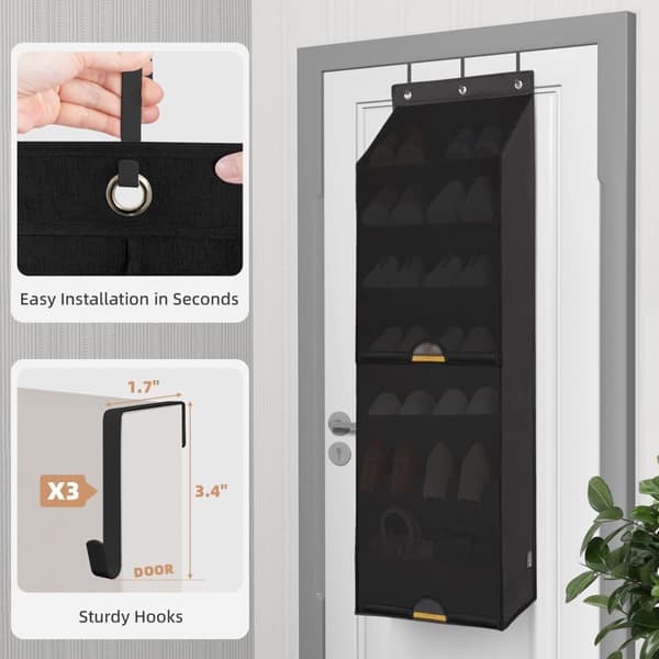 Over-the-Door Shoe Storage with Protective Curtain - Durable, Dustproof Storage with 7 Deep Pockets for Shoes, Wardrobe, and Small Spaces Black