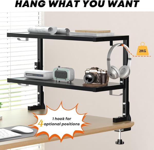 Clip-on Desk Organizer 2-Tier Shelf Above or Below, Customized Space Accessories, Kitchen Shelf, Black