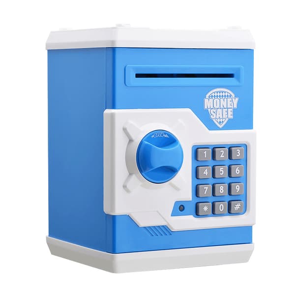 Elektronisk sparegris (blå) med automatisk pengeseddelrulle, mini-ATM