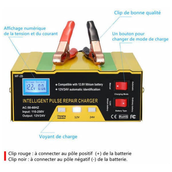12V/24V intelligent batterioplader, pulslader med digitalt display til bilbatteri, celle, motorcykel