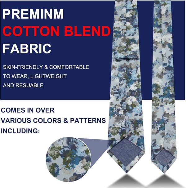 Smal slips för män, blommig bomullsslips för män Bröllopsslips Brudgum, Bestman, Uppdrag, Danser En gråblå vit - A Grey Blue White Floral