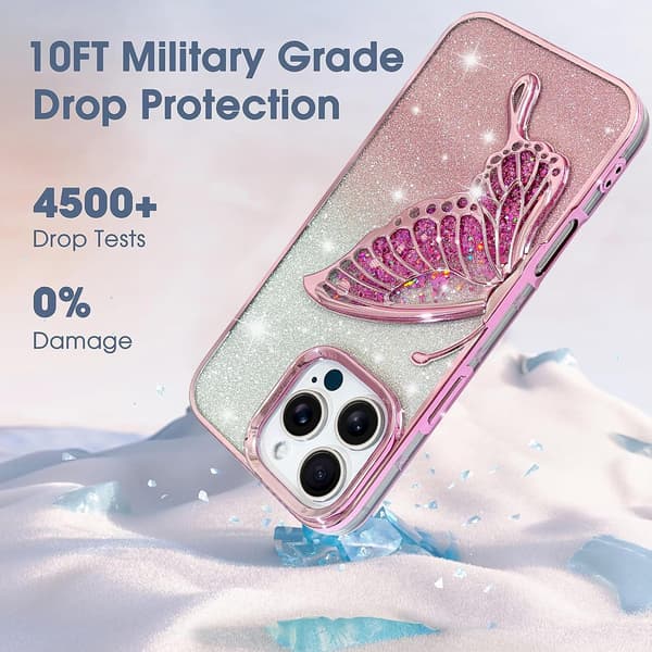 til iPhone 16 Pro Max, Sødt Piget Luksus Bling Flydende Sand 3D Sommerfugledesign til Kvinder Piger (til iPhone 16 ProMax) - Rosa