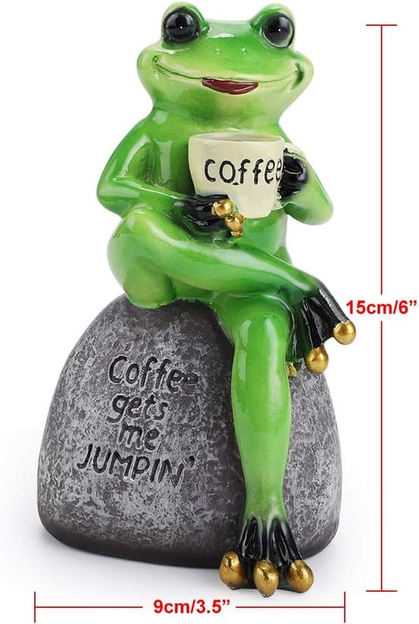 Harpiksfrøfigur, der sidder på stenstatue, sød, kreativ og sjov