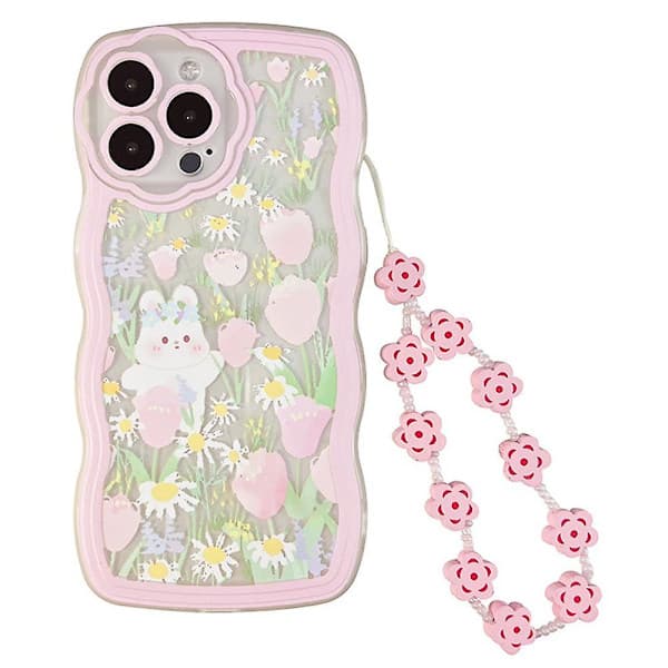 Kaninblomstret mobilskall for iPhone 13 Pro, transparent TPU-skall med håndleddsrem