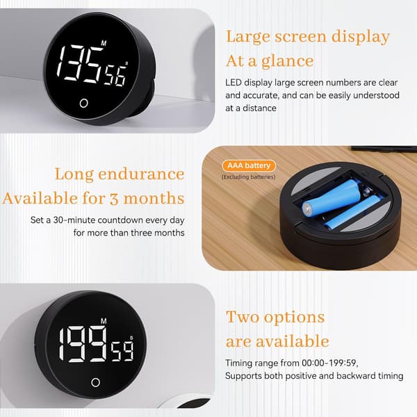 Digital køkkentimer (sort) - Visuel timer stor LED-display magnetisk stativ nedtællingstimer justerbar lydstyrke og