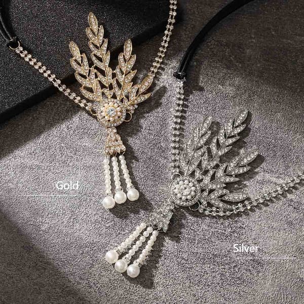 1920-talls Flapper Pannebånd Løv Rhinestone Hodeplagg Perle Hodeplagg Bra Gatsby Hårtilbehør for Kvinner og Jenter (sølv)