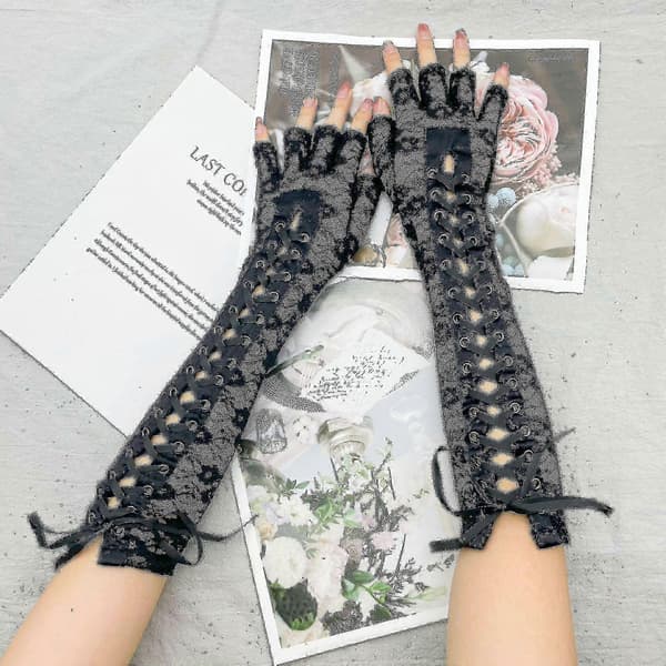 Steampunk Lace-Up Fingerless Gloves Adjustable Long Gloves For Evening Party (1 Pair, Black)