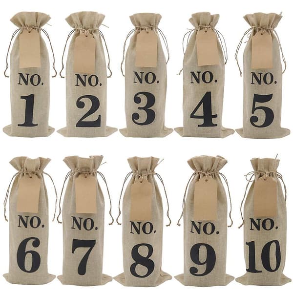 10 st Burlap Vinförpackningar med Etiketter för Blind Vinprovning, Numrerade Hessianska Tyg Glasflaska Present B