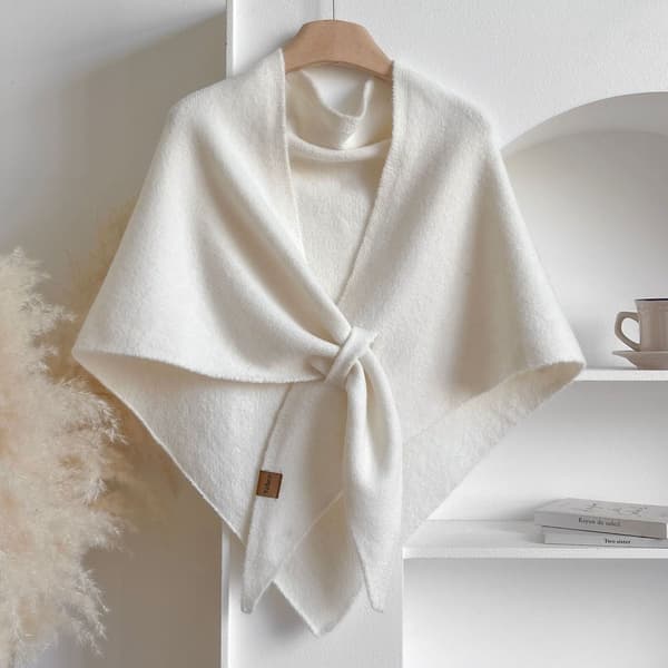 Women's Knitted Shawl - Triangular Shawl - Triangular Shawl Cape - Scarf - Outerwear - Warm - Soft - Elegant and Simple - White