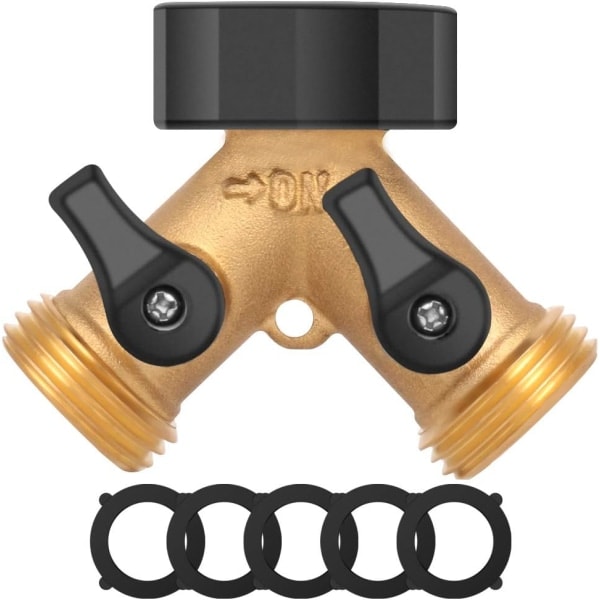 Havedeleslange - 2-vejs Y-stykke - Messing - Haveslangeadapter - Massiv messing - Kobber - 2 ventiler med 5 gummiskiver