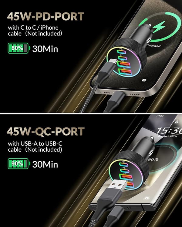 90W USB C Car Charger, 4-Port Dual 45W USB C A Car Adapter Multi PD QC Fast Charging Cigarette Lighter 12V Socket for iPhone Samsung Galaxy