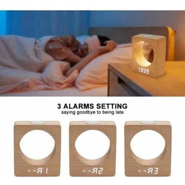 Solid Wood (Beech) Digital LED Alarm Clock with Night Light, 3 Alarm Settings, Temperature Detection