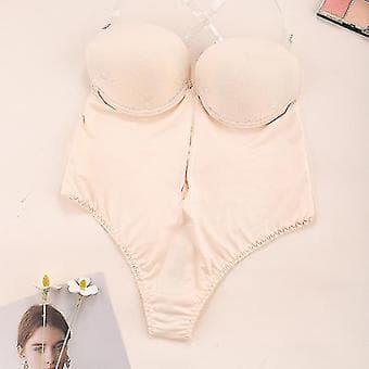 Women's Deep V-Neck Body Shaper Strapless Backless Bodysuit Shapewear (S Beige)