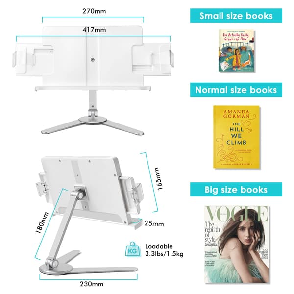 Book Stand, Cookbook Holder Desk Reading, Adjustable Height and Angle, Aluminum Alloy, Foldable and Portable