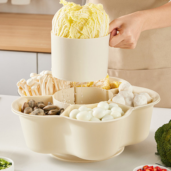 Rotatable Vegetable Basket with 6 Compartments Reusable Durable Washing Strainer Kitchen Accessory Cream Cream