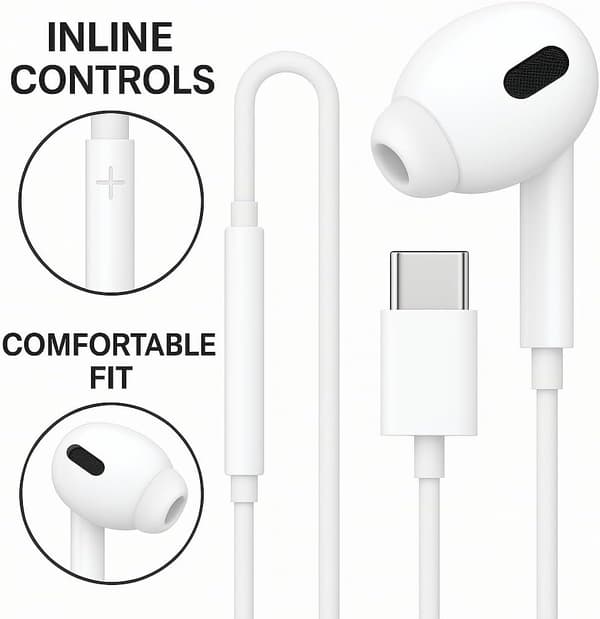 USB-C Pro In-ear kablede hodetelefoner med mikrofon, volumkontroll DAC Hvit