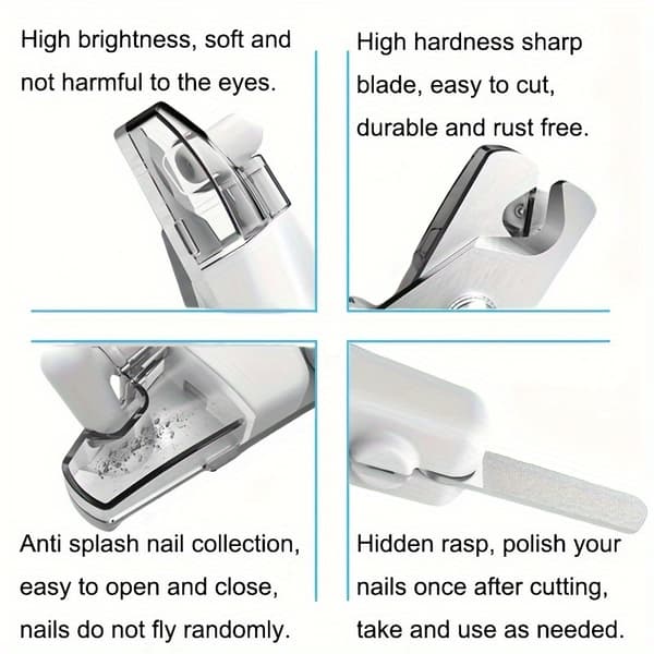LED Nail Clippers for Cats and Dogs USB Charging with File Anti-Nail Splinter Scissors