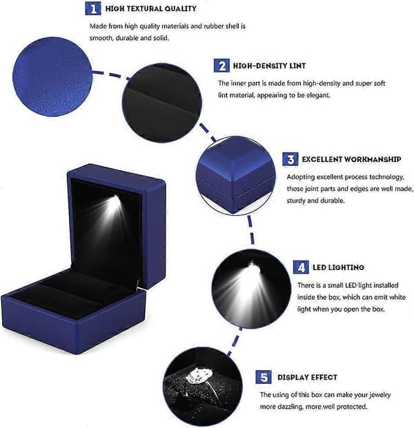 Elegant Ringboks med LED-belysning Smykkeskrin Oppbevaringsboks (Blå)