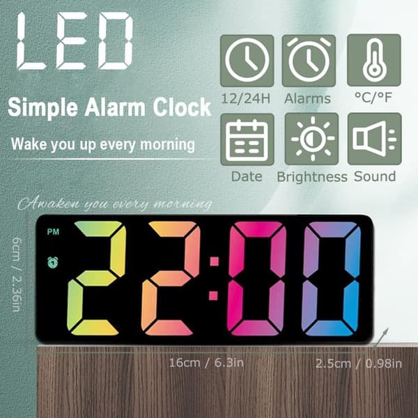 Digital väckarklocka med snooze, temperatur och automatisk ljusstyrka, USB/batteridriven för sovrum, vit, 6,3-tums LED-display B B
