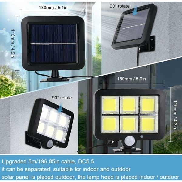 Udendørs solcellelamper 2 stk. bevægelsessensor udendørslamper 120 IP65 vandtætte udendørs solcellelamper med 5m kabel 3 tilstande solcelleprojektør til have
