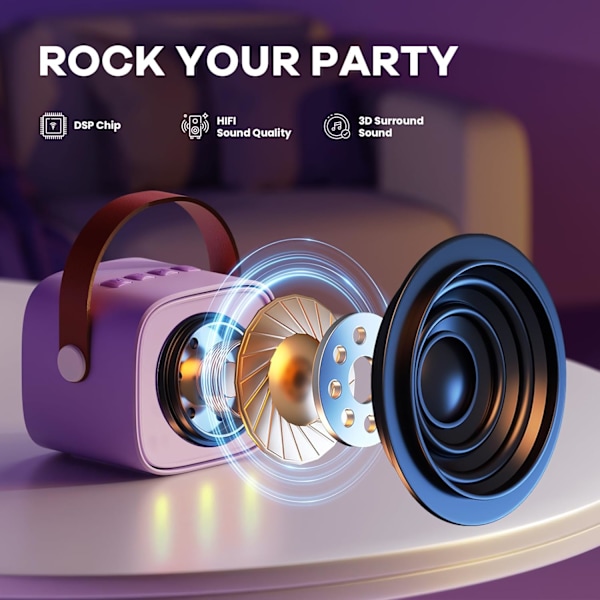Mini Karaoke-maskine til børn, Bærbar Bluetooth-højttaler med trådløs mikrofon, Julegaver til piger 4-10 år (Violet)