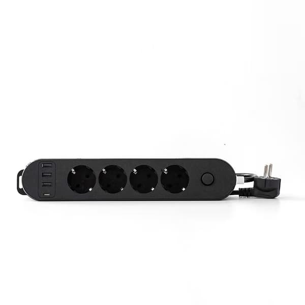 Jatkojohto 4 pistorasiaa 16A + 4 USB (3 USB A + 1 USB C PD20W) kytkimellä, 2M kaapeli, musta