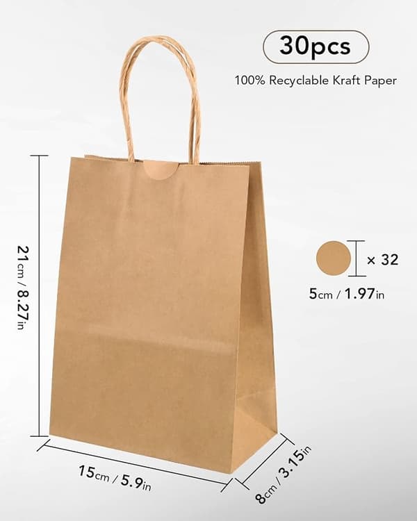 Papperskassar, 30 presentpåsar, presentpåsar i kraftpapper med handtag, 21 x 15