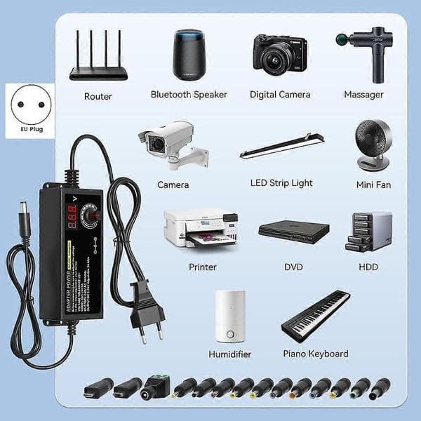 24V 3A 72W Universal strømforsyning, AC til DC 3V-24V adapter justerbar strømadapter med LED spenningsdisplay EU-plugg