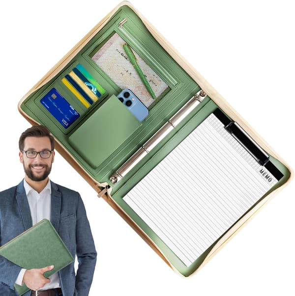 Læder-Padfolio til mænd, forretnings-dokumentorganizer i læder grøn - grün
