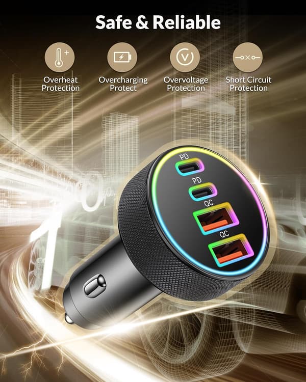 90W USB C Car Charger, 4-Port Dual 45W USB C A Car Adapter Multi PD QC Fast Charging Cigarette Lighter 12V Socket for iPhone Samsung Galaxy