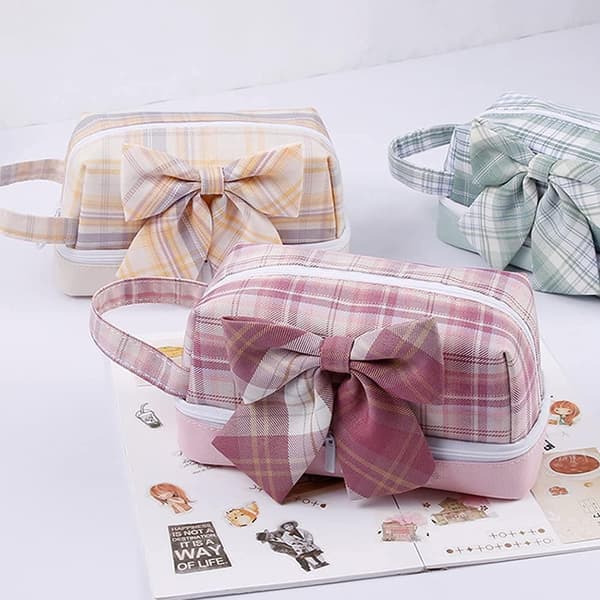 Cute Plaid Bow Pencil Case - Canvas Pencil Case for Pens and Highlighters